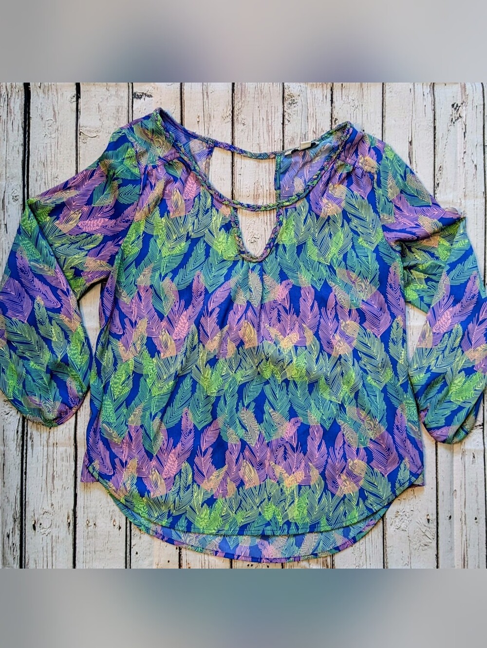 American Eagle Outfitters Leaf-Print Keyhole Top with Multicolor Accents